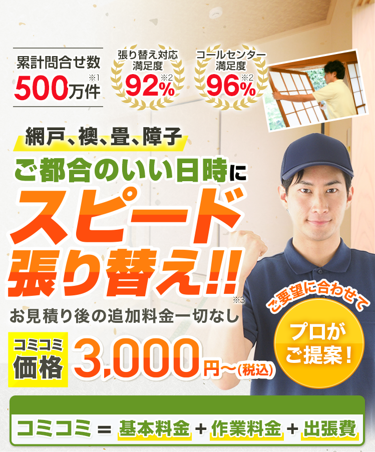 網戸、襖、畳、障子 ご都合のいい日時にスピード張り替え！！ 基本料金＋作業料金＋出張費合わせて3,000円～（税込）