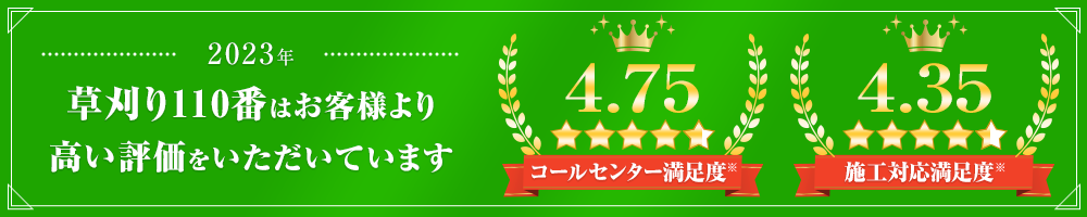 草刈り110番はお客様より高い評価をいただいています コールセンター満足度4.75/5 施工対応満足度4.35/5